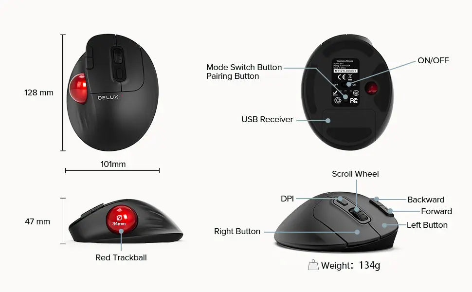 Delux Trackball muis - Ergonomische muis - Draadloos - Bluetooth - 121.3x90.7x45.1mm Delux