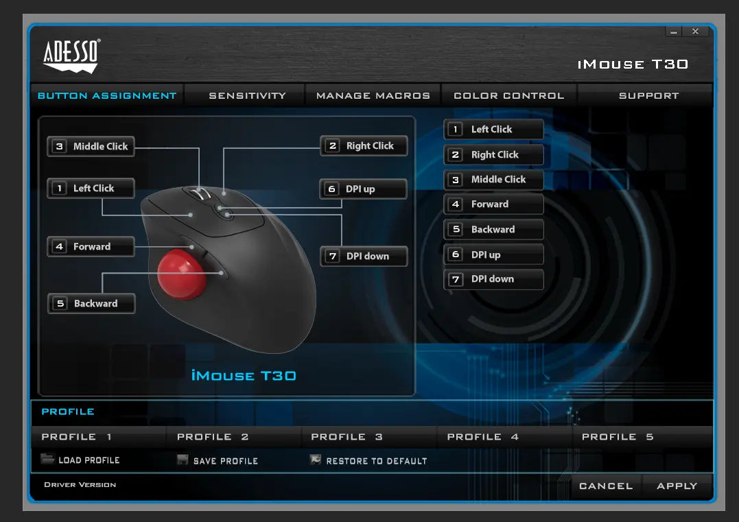Draadloze programmeerbare ergonomische trackball muis Adesso
