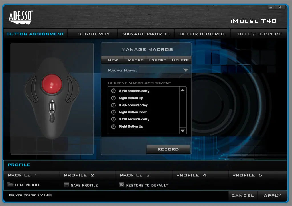 Draadloos Programmeerbare Ergonomische Trackballmuis - Adesso iMouse T40 Adesso