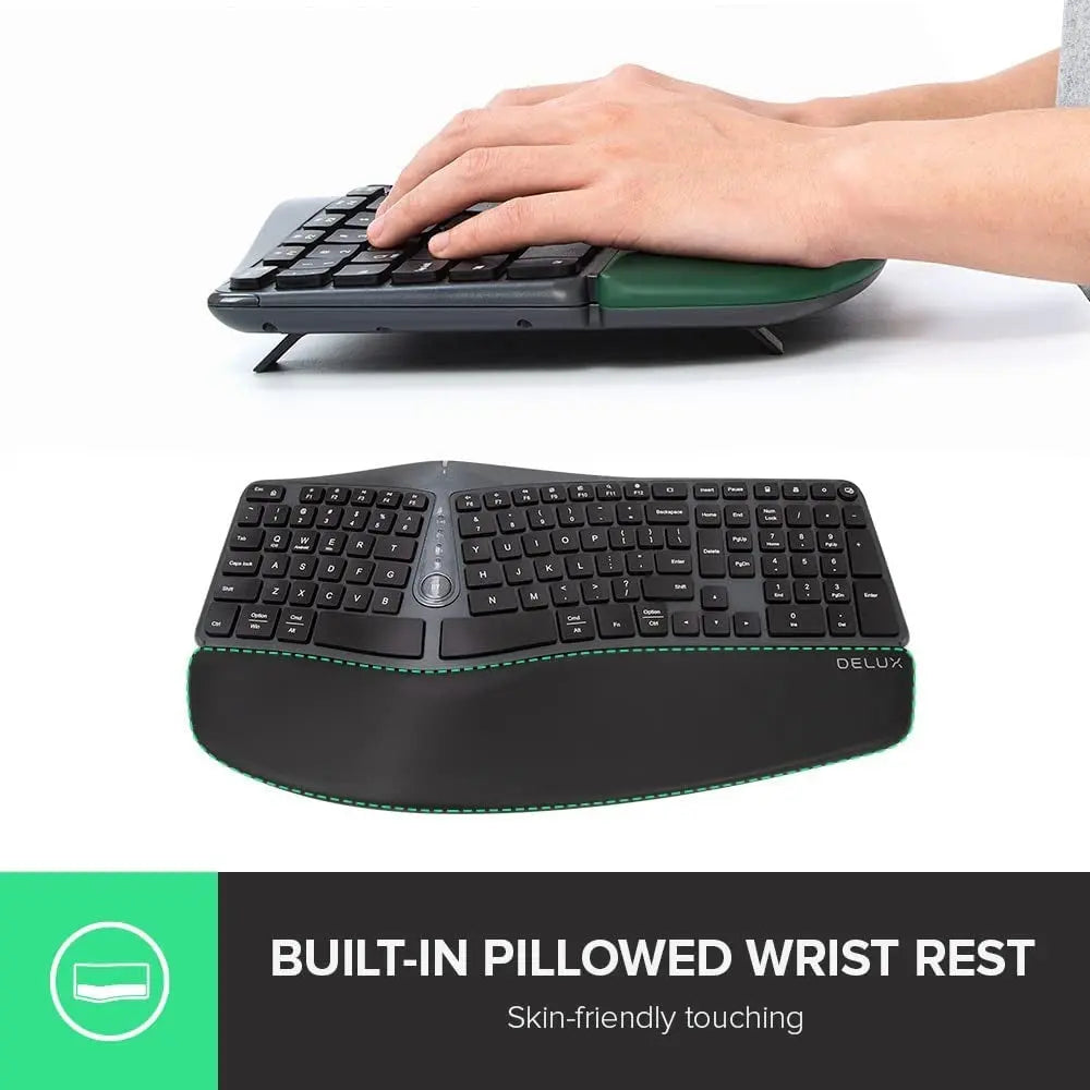 Gesplitst ergonomisch toetsenbord - toetsenbord met polssteun - Delux ergonomisch toetsenbord - Draadloos Delux