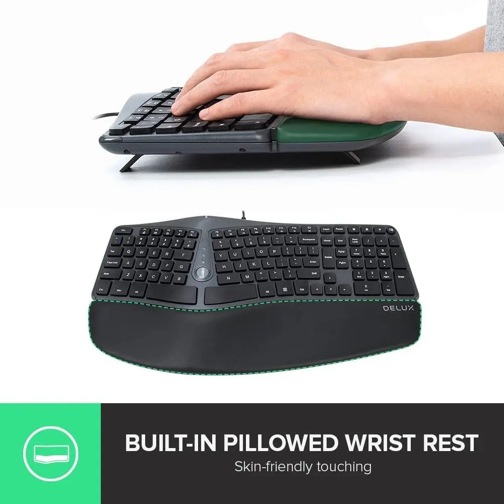 Gesplitst ergonomisch toetsenbord - toetsenbord met polssteun - Delux ergonomisch toetsenbord met draad